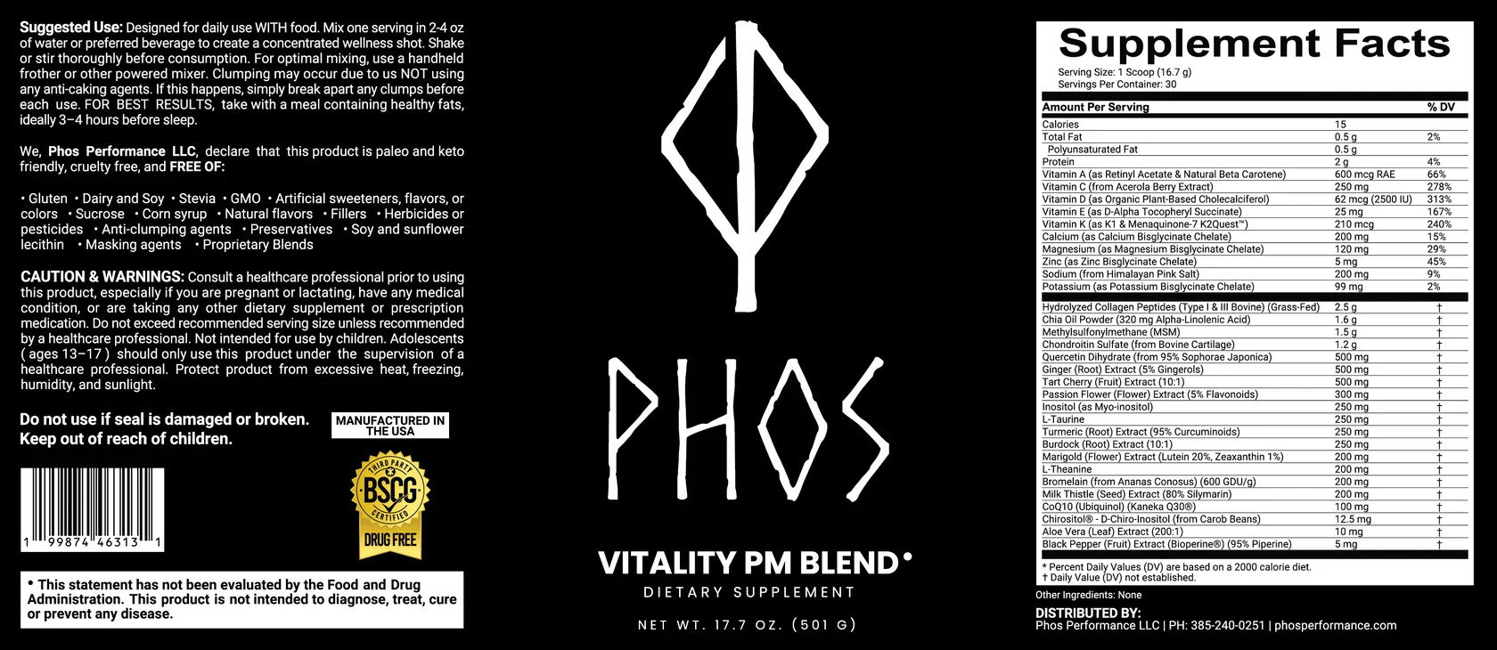 Phos Vitality PM Blend label, showing supplement facts and ingredient list